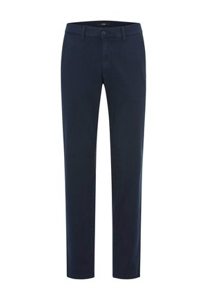 Marineblaue Baumwollhose im geraden Schnitt, mit Knopfverschluss und Gürtelschlaufen. Glatte Textur mit seitlichen und hinteren Taschen.