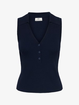 Marineblå ermeløs ribbestrikket topp med V-hals, tre knapper foran og en liten krage.