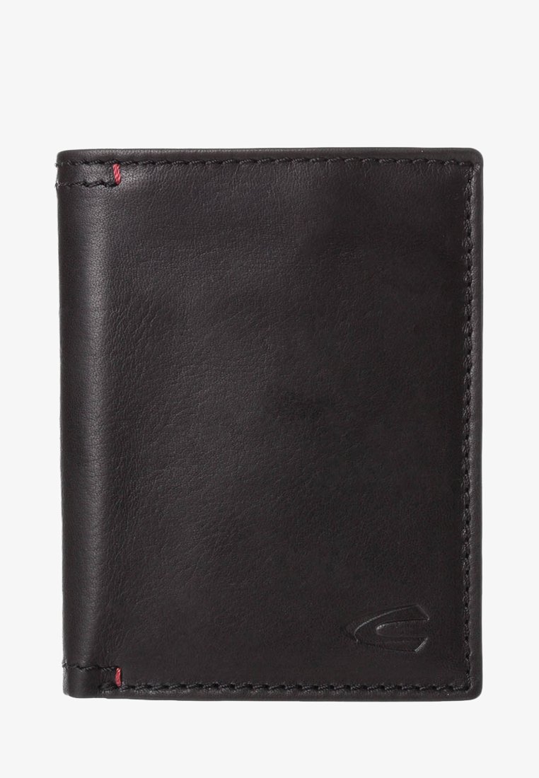 Black leather bi-fold wallet with subtle embossed logo on bottom right corner and small red thread stitching on left edge.