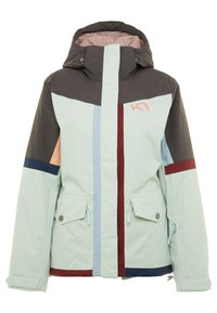 Kolorowa wodoodporna kurtka z kapturem. Posiada panele w jasnym miętowym, brązowym i granatowym kolorze. Wyposażona w kieszenie na suwak i regulowane mankiety.