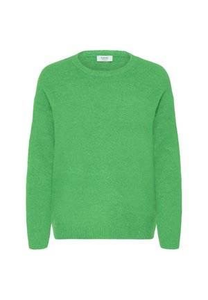Groene gebreide trui met een ronde hals, lange mouwen en een zachte textuur. Eenvoudig ontwerp met geribde boorden en zoom.