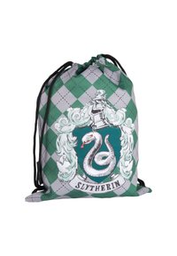 Grüner und grauer Kordelbeutel mit einem Slytherin-Wappen, das ein Schlangendesign und ein karierter Muster zeigt, sowie einem kontrastierenden schwarzen Kordelzug.