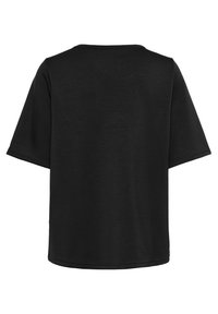 Svart t-shirt med korta ärmar, rund halsringning, enkel design, tillverkad av bomullsblandat tyg, slät textur, inga mönster eller accenter synliga.