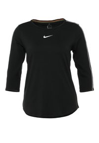 Schwarzes Sporthemd mit Dreiviertelärmeln, weißem Nike-Logo auf der Brust, kontrastierenden weißen Seitenstreifen und rundem Halsausschnitt. Leichtes Material.