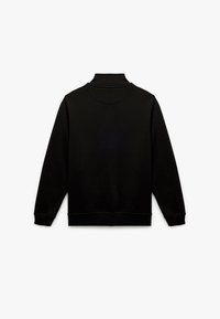 Sudadera negra con collar alto, mangas largas, puños y dobladillo acanalados, con una textura suave y sin gráficos ni patrones visibles.