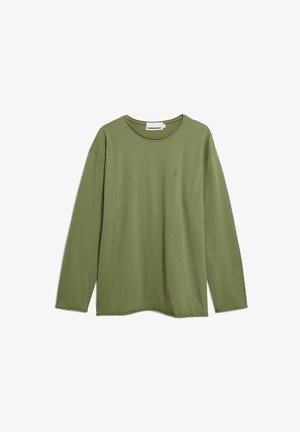 Olivgrünes Langarmshirt mit Rundhalsausschnitt, kleinem gesticktem Logo auf der linken Brust und lockerer Passform.