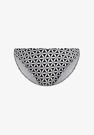 Marineblaue Bikinihose mit geometrischem weißen und goldenen Muster, gefertigt aus dehnbarem Stoff mit glatter Textur und elastischem Bund.