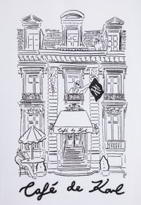 Illustration av Café de Kal, med en klassisk byggnad med utsmyckade balkonger, ett markis, ett parasoll och en figur som håller en flagga.