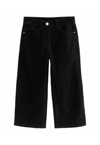 Pantaloni a gamba larga in corduroy neri con design a cinque tasche, chiusura con bottone metallico e una texture sottile. Presentano una vita e orlo cuciti.