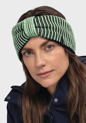 Green and black striped knit headband with a twisted front design. Made of soft material, featuring a snug fit and smooth texture.