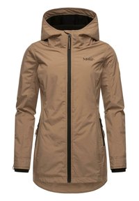 Khaki outdoor jacket with a hood, front zipper, side pockets, and black accents. Smooth, water-resistant fabric with a slightly curved hem.