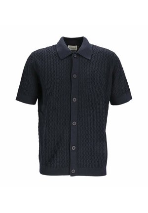 Marineblaue kurzärmelige Strickbluse mit strukturiertem Muster, Knopfleiste vorne und klassischem Kragen.