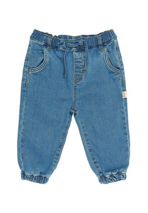 Lyseblå denim bukser har en elastisk talje med snor, to sidelommer og elastiske manchetter ved anklerne.