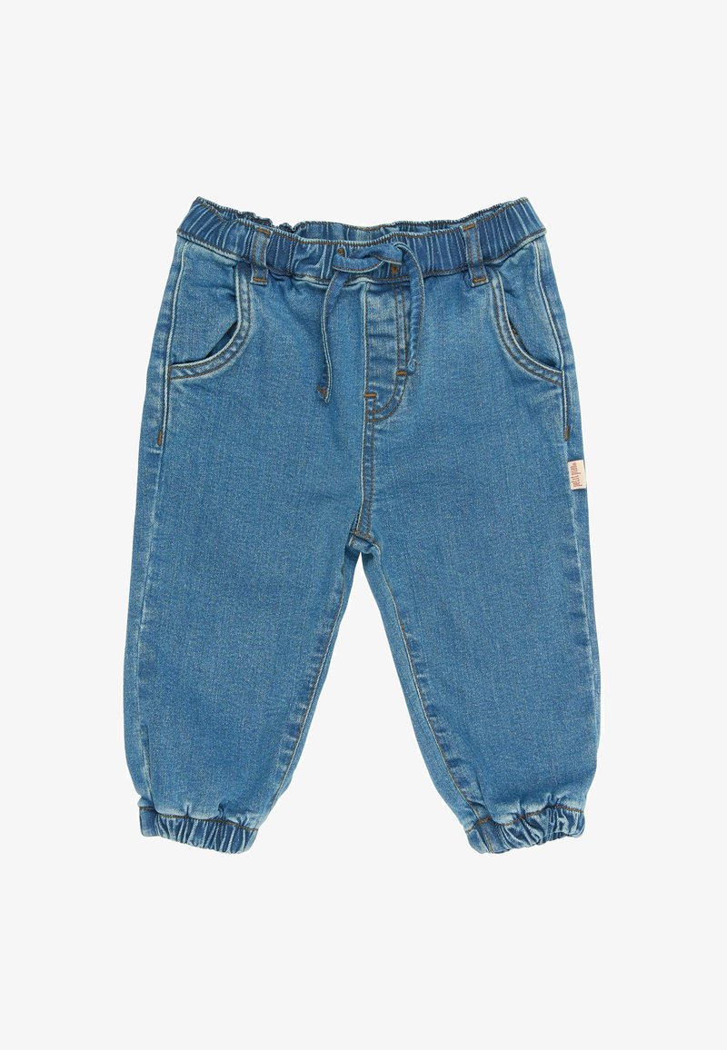 Svijetloplave traperice imaju elastičnu traku u struku s vezicom, dva bočna džepa i elastične manžete na gležnjevima.