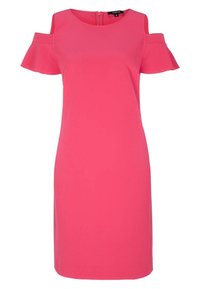Rosa kaltes- Schulterkleid mit schwingenden Ärmeln, knielangem Schnitt, glattem Material und einem Reißverschluss auf der Rückseite. Schlichtes und modernes Design.