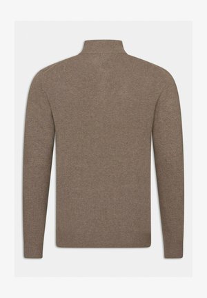 Brauner, langärmeliger Pullover mit Stehkragen. Hergestellt aus einem glatten, strukturierten Stoff und mit geradem Schnitt. Keine Muster oder Akzente sichtbar.