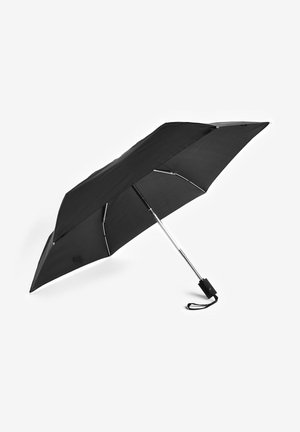 Black umbrella with a rounded canopy shape, metallic silver shaft, and a black handle. Features a wrist strap for easy carrying.