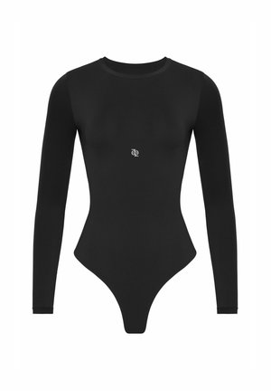 Black long-sleeve bodysuit in smooth fabric with a round neckline and high-cut legs, featuring a small white logo on the center front.