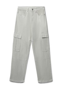 Jasnoszare spodnie cargo wykonane z bawełny, o prostym kroju nogawki. Posiadają wiele kieszeni i widoczne detale szycia.