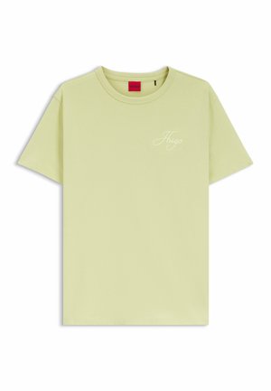 Hellgrünes kurzärmeliges Baumwoll-T-Shirt mit Rundhalsausschnitt und kleinem weißem "Hugo"-Logo auf der linken Brust.