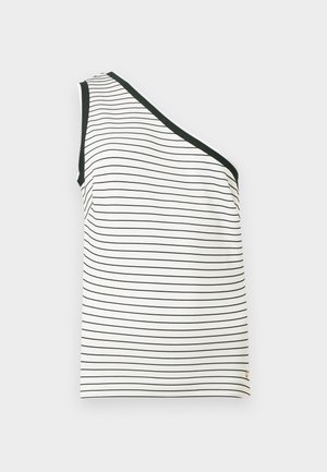 Top alb cu un singur umăr, cu dungi orizontale subțiri negre și margine neagră de-a lungul decolteului și a deschiderii pentru braț.