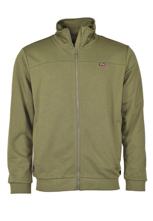 Olivengrøn zip-jakke med høj krave, lange ærmer og sidelommer. Fremstillet af blødt stof, med et logo på brystet.