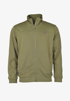 Olivengrøn zip-jakke med høj krave, lange ærmer og sidelommer. Fremstillet af blødt stof, med et logo på brystet.