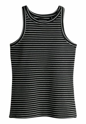 Zwarte tanktop met witte horizontale strepen, mouwloos ontwerp, ronde halslijn en geribbelde textuur. Katoenen materiaal.