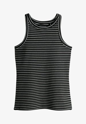 Top nero senza maniche con strisce orizzontali bianche, design senza maniche, collo rotondo e texture a coste. Materiale in cotone.