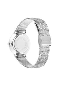 Silberner Edelstahluhren mit einem flexiblen Mesh-Armband, einem runden Gehäuse und einem dezenten Rückendesign. Verfügt über einen Klappverschluss und ist wasserfest.