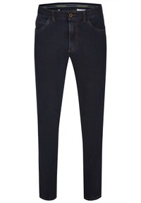 Ciemnoniebieskie dżinsy o slim fit, pięć kieszeni, kontrastowe przeszycia i zapięcie na guzik. Gładka tekstura i jednolity wzór.