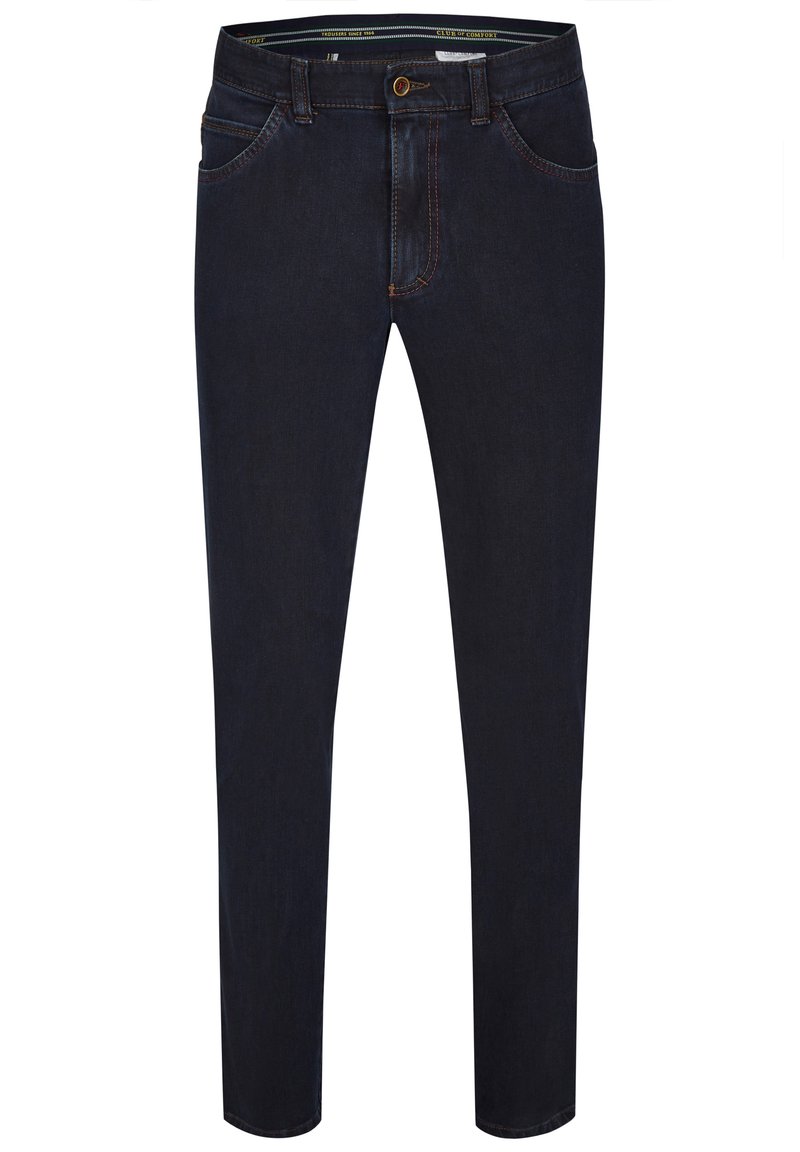 Ciemnoniebieskie dżinsy o slim fit, pięć kieszeni, kontrastowe przeszycia i zapięcie na guzik. Gładka tekstura i jednolity wzór.