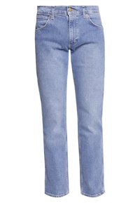 Světle modré džíny rovného střihu s předním zapínáním na knoflík a zip, dvěma předními kapsami a poutky na opasek.