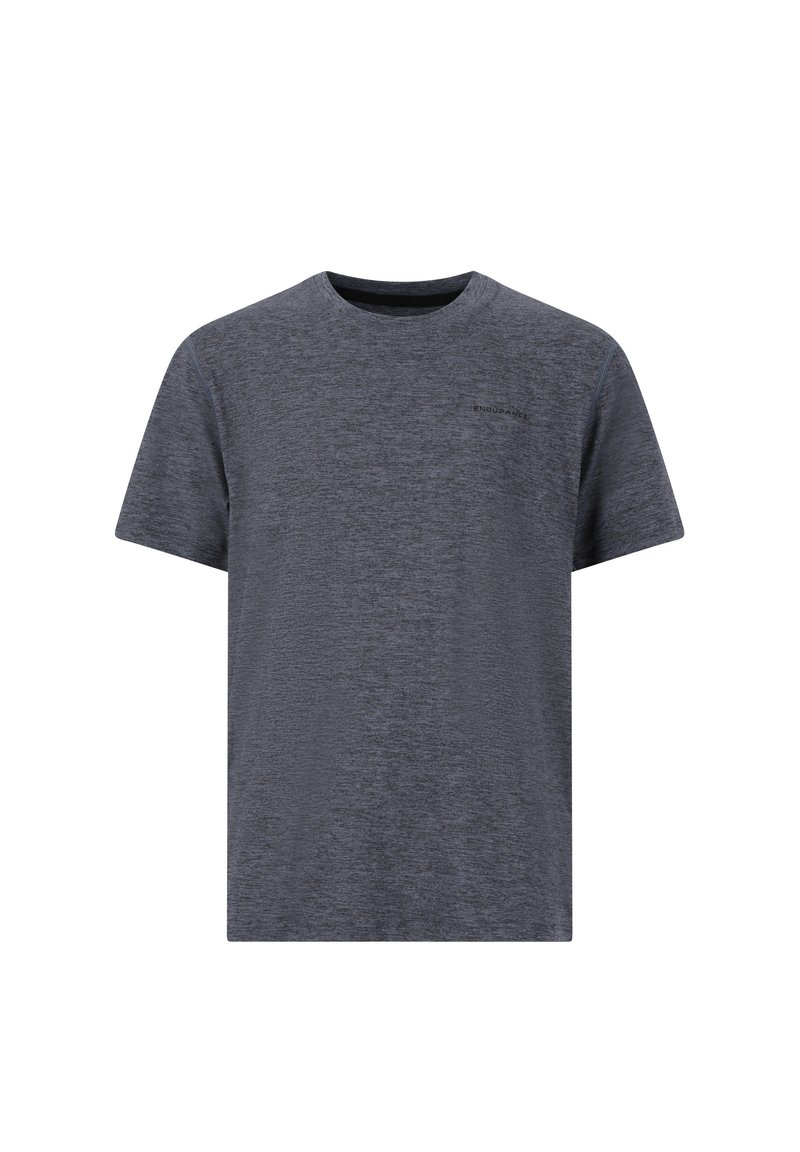 Tumma harmaa lyhythihainen t-paita pyöreällä pääntiellä, joka on valmistettu kevyestä kankaasta. Paidassa on hienovaraista kuviota ja pieni logo rinnassa.