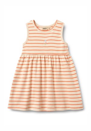 Gestreiftes ärmelloses Kleid in Creme- und Orangetönen. Mit geraffter Taille und zarter Blumenstickerei auf der Brust. Baumwollmaterial.