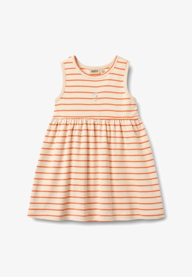 Robe sans manches à rayures dans des tons crème et orange. Caractérisée par une taille froncée et une délicate broderie florale sur la poitrine. Matière en coton.