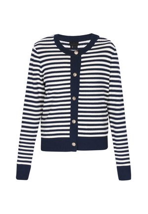 Granatowo-biały kardigan w poziome paski z długimi rękawami, okrągłym dekoltem, prążkowanymi mankietami oraz zapięciem na przodzie na ozdobne guziki.