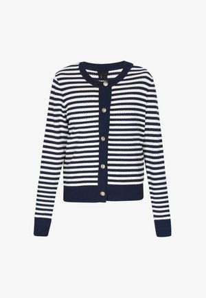 Marineblå og hvide vandrette stribet cardigan med lange ærmer, rund hals, ribstrikkede manchetter og frontlukning med dekorative knapper.