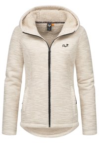 Ljusbeige zip-up hoodie med en strukturerad tyg, mysig fleecefoder och en svart dragkedja. Har en huva och två sidofickor.