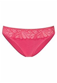 Rosa spets-bikiniunderkläder med en blommig spetskant vid midjan och en slät, mjuk tygkropp.