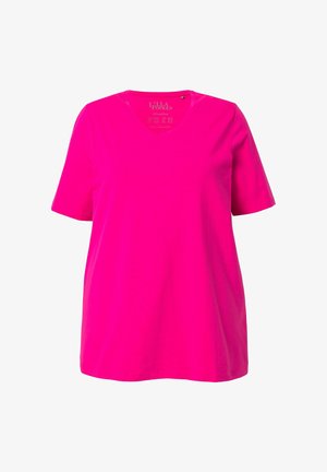 T-shirt a maniche corte in cotone rosa brillante con scollo a V, caratterizzato da una vestibilità ampia e design minimale.
