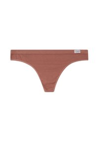 Bruine katoenen string met een zachte textuur, minimaal ontwerp en een brede elastische tailleband. Beschikt over een klein merklabel aan de zijkant.