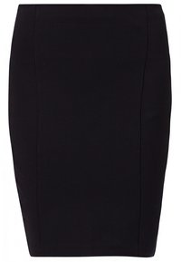 Černá tužková sukně vyrobená z hladkého materiálu, s přiléhavým střihem, délka ke kolenům a viditelné švy.