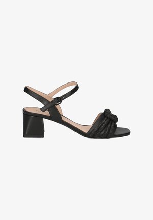 Sort hæl sandal med rund tå, remdesign og en knyttet detalje. Tekstureret materiale med en glat overflade og blokhæl.