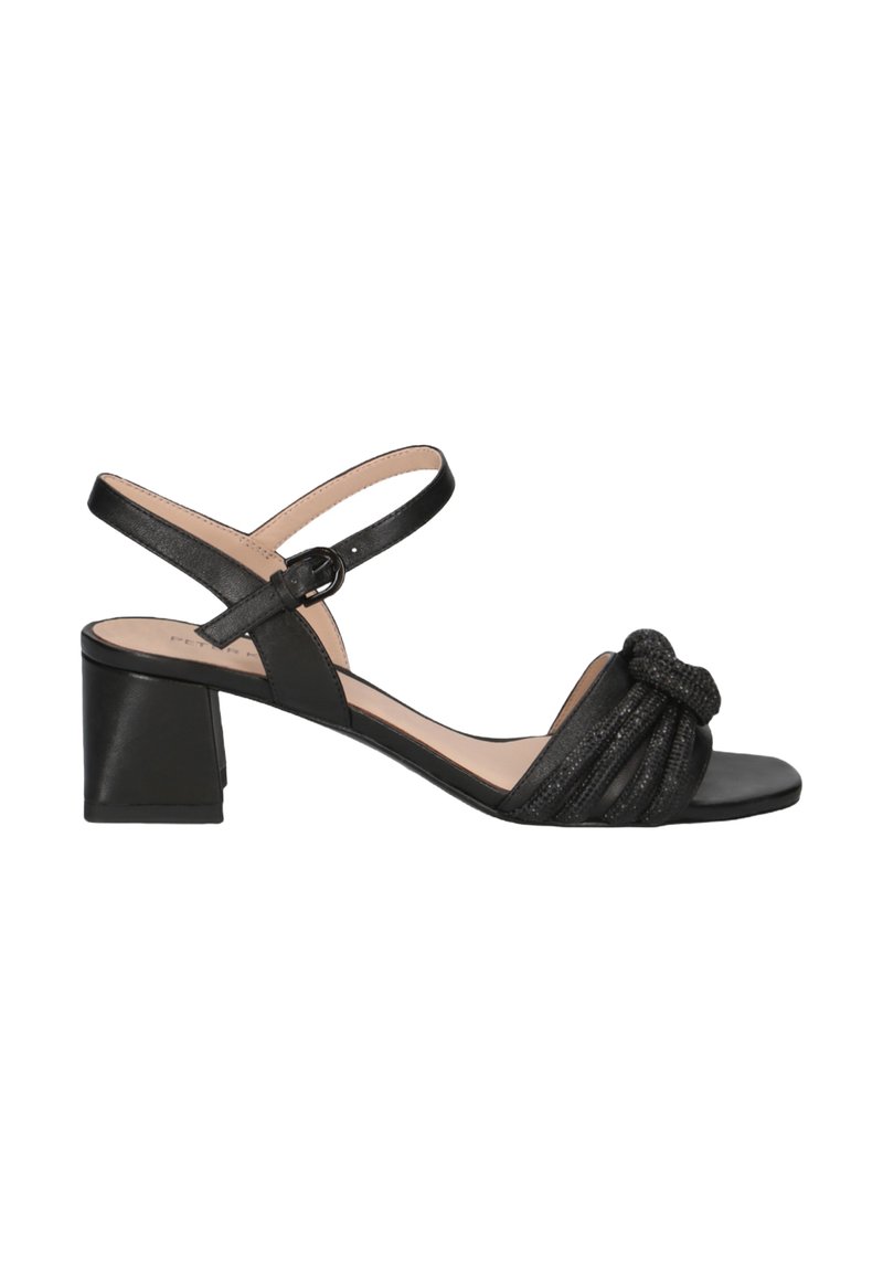 Sandale à talon noire avec un bout arrondi, design à lanières et un accent noué. Matériau texturé avec une finition lisse et un talon carré.