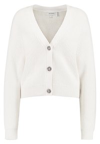 Vit kortkort cardigan med V-ringning, ribbad textur och tre stora knappar. Har långa ärmar och en figursydd midja.
