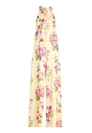 Combinaison sans manches à jambes larges avec fond jaune pâle et imprimé floral rose et vert, col montant et coupe décontractée.