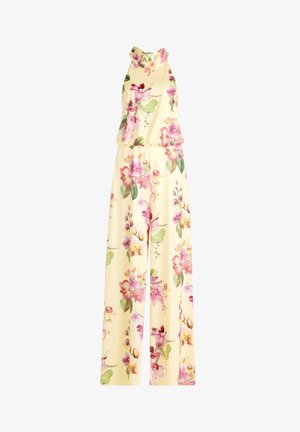Combinaison sans manches à jambes larges avec fond jaune pâle et imprimé floral rose et vert, col montant et coupe décontractée.