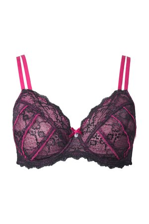 Czarny koronkowy biustonosz z różową podszewką, podwójnymi różowymi ramiączkami, ozdobnym różowym szwem i małą różową kokardką z kamieniem w środku.