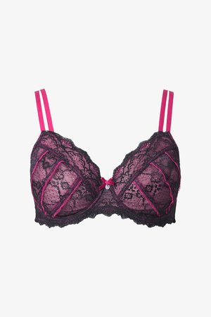 Czarny koronkowy biustonosz z różową podszewką, podwójnymi różowymi ramiączkami, ozdobnym różowym szwem i małą różową kokardką z kamieniem w środku.